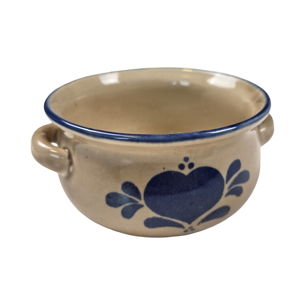 Vintage 1986 NCE Stoneware Soup Crock Blue Heart Floral Tan Double Handle Bowl